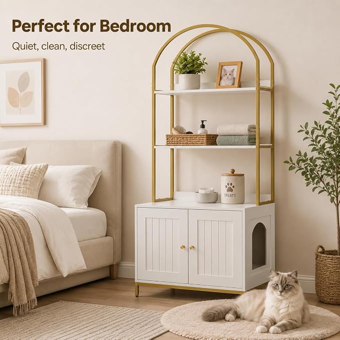 Homhedy Cat Litter Box Enclosure with 2-Tier Shelves, White and Gold | Litter Box Furniture Hidden, Indoor Cat House, Wooden Cat Washroom Furniture with Metal Frame, Modern Style