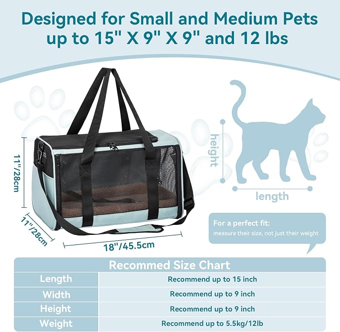 PETSFIT Cat Carrier Soft with Patented Safety Buckles, Safe for Car Travel | Lockable Zippers, Safety Tether, Escape-Resistant Pet Carrier for Vet Visits, Airline Approved Under-Seat, Up to 12 lbs