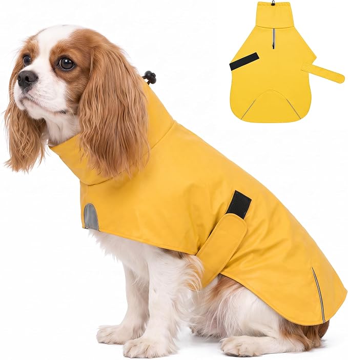 PU Dog Raincoat, Non-Toxic & Odorless Waterproof Vest, Adjustable High Neck and Hook & Loop Belly Closure for Rainy Potty Breaks & Wet Weather Outdoor Walks (Yellow, X-Small)