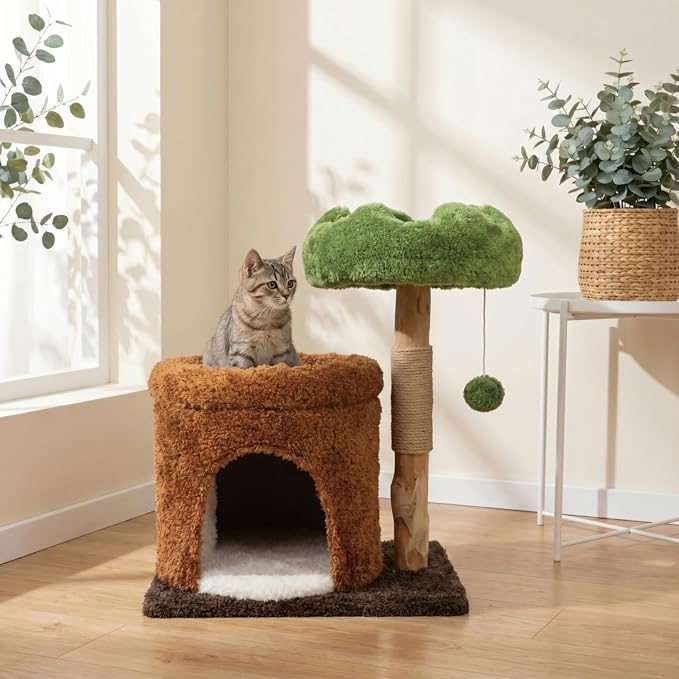 STILLCOVE Small Cat Tree with Scratching Post: Solid Wood Kitten Tower | Cloud Flower Bed, Real Nature Wood, Mini Short Modern Aesthetic Mau Cute House Condo Perch, Hanging Ball, Indoor cats