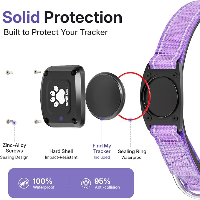 GPS Dog Collar Tracker 2-in-1,Reflective Waterproof Pet Collar,iOS-Only,No Monthly Fees,Unlimited Range,Dog Tracking Collar Pet Tracker,for Small Medium Large Dogs(S (12.5"-16"), Purple)