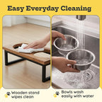 Elevated Dog Bowls, Medium 5.2 Height Mango Wood Raised Dog Bowl Iron Stand Frame with 64oz 2 Pcs Stainless Steel Pets Dishes, Food & Water 8Cup, 1.9L Capacity Nonslip Cat Feeding Station