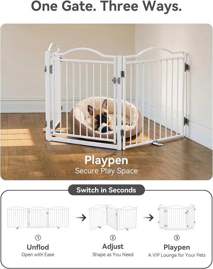 No Pawblems Full Metal Free Standing Dog Gate with Door, 30'' Tall | Foldable Freestanding Pet Gate for Indoor & Outdoor, Up to 78 Inch Extra Wide Dog Fence for Doorways, Stairs, Deck - White