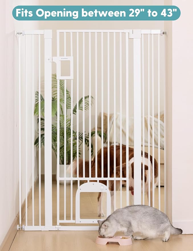 No Pawblems 55" Extra Tall Pet Gate with Cat Door, 29"-43" Dog Gate Indoor | NO Drilling Pressure Mounted for Doorways/Hallways, 1.37" Bar Spacing Keeps Pets Separated, One-handed Operation, White