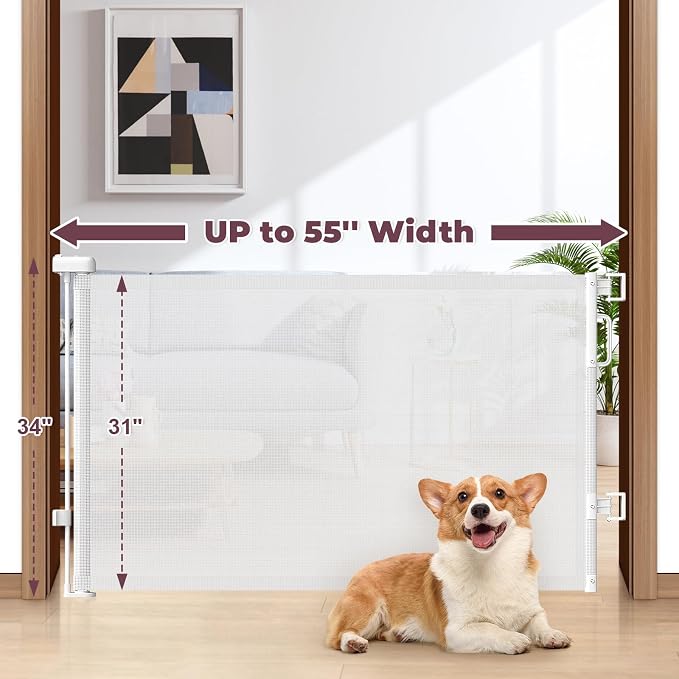 Retractable Baby Gate for Stairs & Doorways, Dog Gate Indoor Outdoor | Extends to 55" Wide 34" Tall Mesh Child Gate for Hallways, Deck, Porch, Pet Toddler Safety Essentials, Easy Install, White