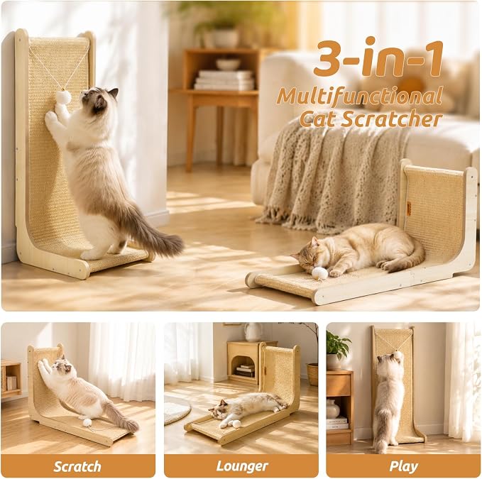 26.8" Sisal Cat Scratchers with Bell Plush Balls,Wooden Furniture | L Shaped Scratching Post for Indoor Cats,Vertical Cat Scratcher Board Natural Sisal Scratcher Pad to Protect Furniture