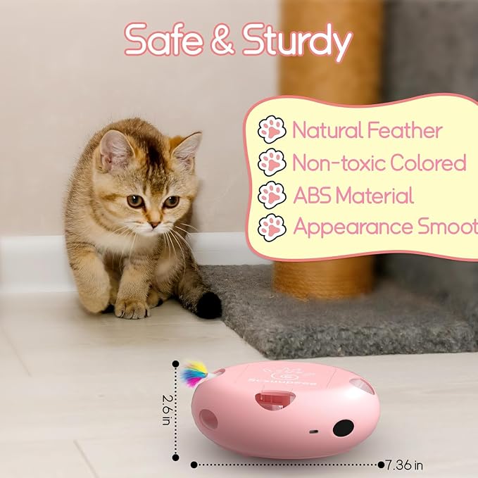 Interactive Cat Toy, Pink | Electric for Moving Concealed Feathers, Smart Sensor 7 Holes Whack a Mole Feather Toy, USB Charge Automatic