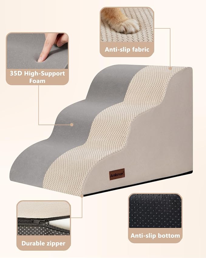 Aodisman Dog Stairs for Small Dogs,3 Step Dog Ramp for Couch,Non-Slip Steps | Pet stairs help small dogs, old cats, and puppies reach couches and chairs easily, durable indoor dog steps,15.4" H,Beige