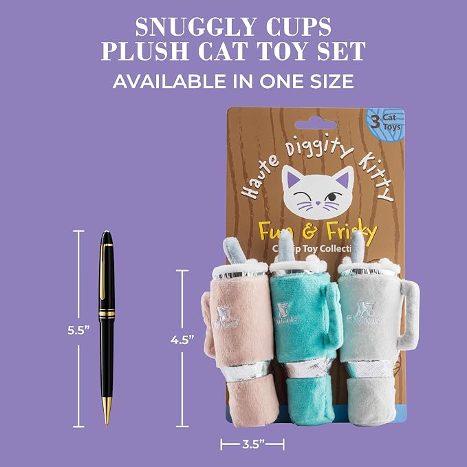 Haute Diggity Kitty Snuggly Cups Set, Soft Plush Cat Toys | 3 Pack Catnip Toys with Interactive Crackle Sound, Safe & Durable Cat Nip Kicker Toy for Outdoor & Indoor Cats & Kitten
