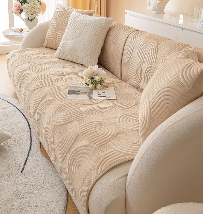 Soft Plush Geometric Quilted Couch Sofa Cover Boho Non Slip Fuzzy Sectional Couch Cover Solid Color Washable Sofa Slipcover Furniture Protector for Kids Dogs Cats (Coffee,36"x70")