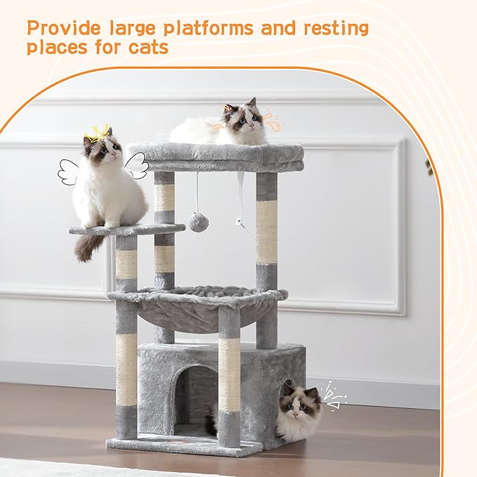 Heybly Cat Tree, Kitten Tower with Large Soft Cat Basket HCT008SW | Cat Condo with Spacious Cat Bed Cave with Hidden Space, Sisal Scratching Posts, Dangling Ball for Indoor Cats, Light Gray