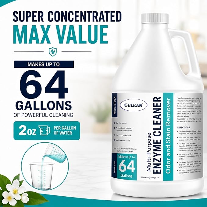 Multi-Purpose Probiotic Enzyme Cleaner, Made in USA - Pet Stain and Odor Remover - Concentrated - Professional & Home Strength Drains, Floors, Bathrooms, Toilets Trash Can, (1 gallon, Fresh fragrance)