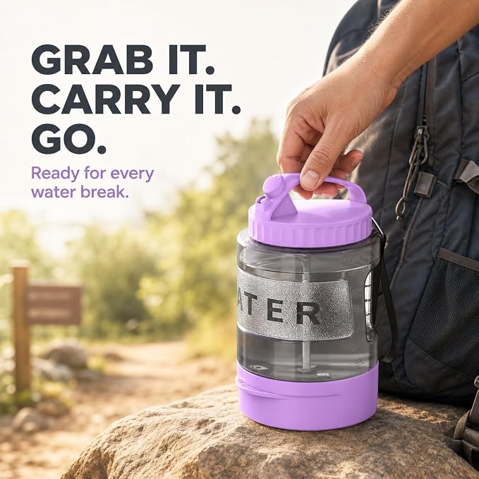 Portable Dog Water Bottle with Travel Bowl, 77 oz/2.2 L, Purple | 2-in-1 portable dog water bottle with pull-out bowl; BPA-free plastic, silicone seal, wide mouth and grip for hikes or travel