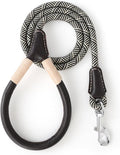 Mile High Life Dog Leash with Genuine Leather Handle, 4/5/6 FT | Comfortable Leather Grip Rope Leash, Heavy Duty 360° Swivel Metal Clasp, for Small Medium & Large Dogs (Khaki White, 60 Inch)