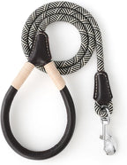 Mile High Life Dog Leash with Genuine Leather Handle, 4/5/6 FT | Comfortable Leather Grip Rope Leash, Heavy Duty 360° Swivel Metal Clasp, for Small Medium & Large Dogs (Khaki White, 60 Inch)
