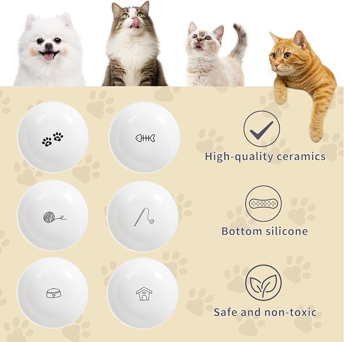 Non-Slip Cat Food Bowls, 6 Pack Whisker-Friendly Ceramic Bowls | 5.6-Inch Wide Shallow Bowl, Silicone Base, Food-Safe Ceramic, Dishwasher & Microwave Safe, Easy Clean