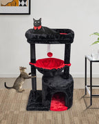 SYANDLVY Gothic Cat Tree with Coffin Bed for Indoor Cats, Modern House | Small Activity Tower with Scratching Post, Condo & Cradle, Kittens Cave, Black & Red