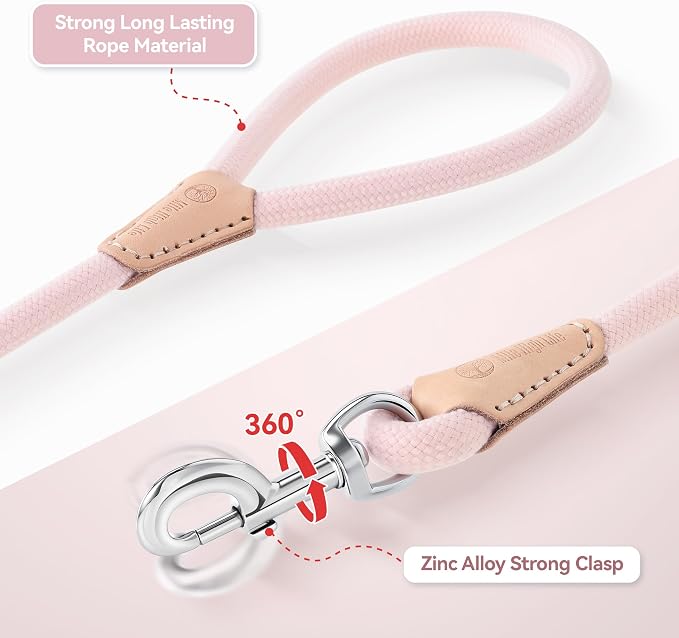 Mile High Life Pink Dog Leash with Genuine Leather Connection, 4/5/6 FT | Rope Leash, Heavy Duty 360° Swivel Metal Clasp, for Small Medium & Large Dogs (Cream Pink, 48 Inch)