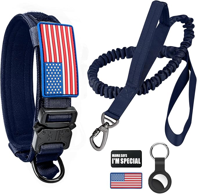Tactical Bungee Leash & Military Dog Collar Set, USA Flag, Heavy Duty Metal Buckle, Airtag Case (Blue, L)