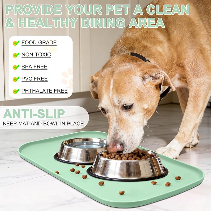 SMILOOL Silicone Pet Food Mat with Raised Edge for Food and Water Bowl, Dog Feeding Mats, Cat Food Trays for Floor Waterproof, Rubber Tray for Dogs and Cats, 19 x 12 x 0.7 Mint Green