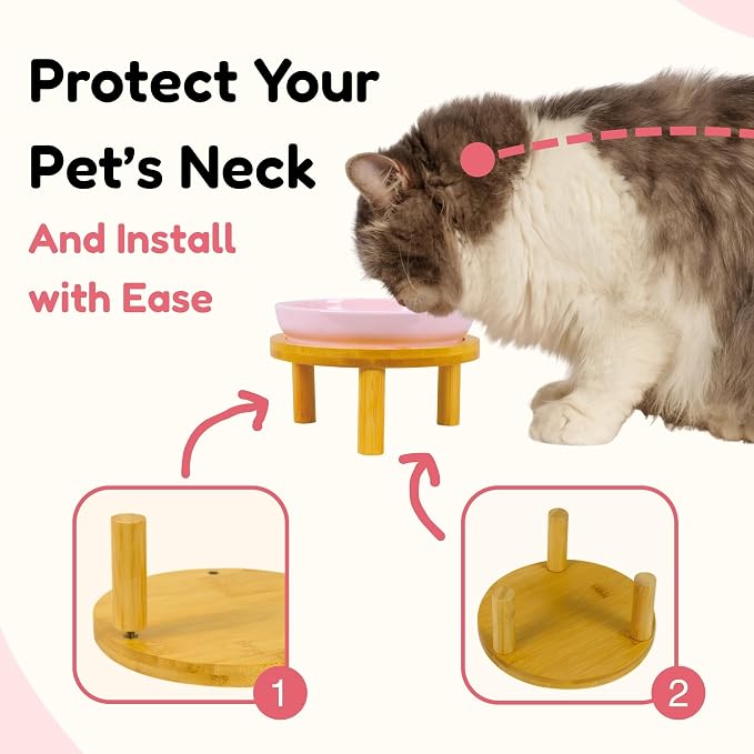 Elevated Ceramic Cat Bowls with Bamboo Stand for Cat Bowl, Whisker Friendly Shallow Cat Plate, Stable Raised Cat Food Riser for Indoor Cats (Pink, Set of 1)