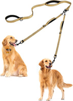 PetBonus Double Dog Leash, No Tangle Dual Leash, Walking Training Lead | 4 Comfortable Padded Handles, Adjustable, Reflective, For Two Large Medium Dogs, Collapsible Bowl and Waste Bags, Light Khaki