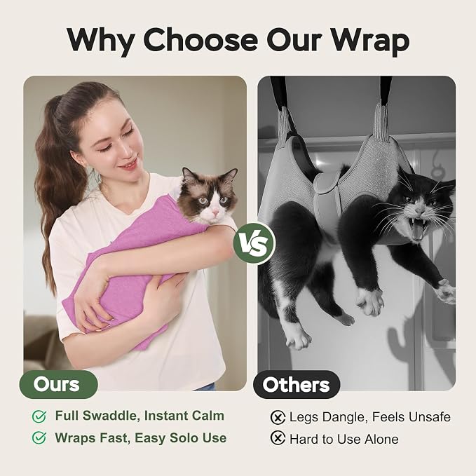 Cat Wrap for Cutting Nails, Self-Adhesive Cat Nail Clipping Restraint Bag, Anti-Scratch Cat Grooming Swaddle for Meds, SubQ Fluids, Ear Cleaning, Teeth Brushing & Vet Visits,Pinkish Purple,L