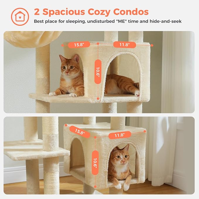 69" Tall Cat Tree for Indoor Cats Large Adult, Multi-Level Cat Tower | Multi-Level Cat Tree with Scratching Posts, Soft Padded Perch, 2 Dangling Toys