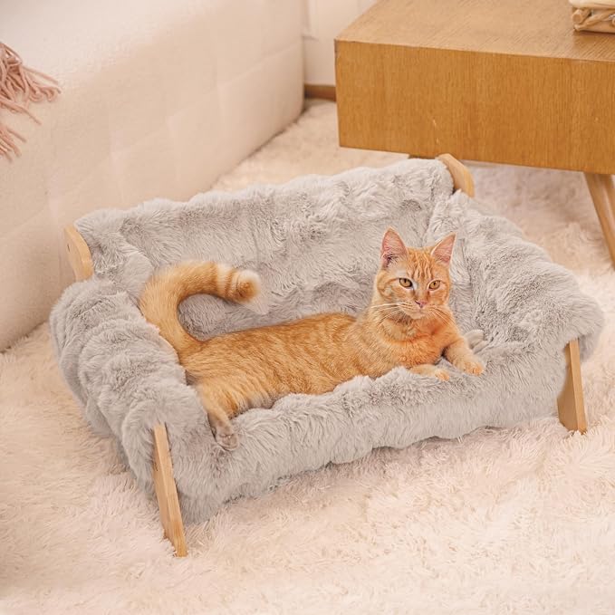 CHEERHOME PETS Elevated Cat Couch Bed for Indoor Cats, Wooden Cat Sofa with Removable Washable Fluffy Cover Raised Kitty Lounge Chair Suitable for Puppy(Cat Sofa,Khaki-Light Gray)