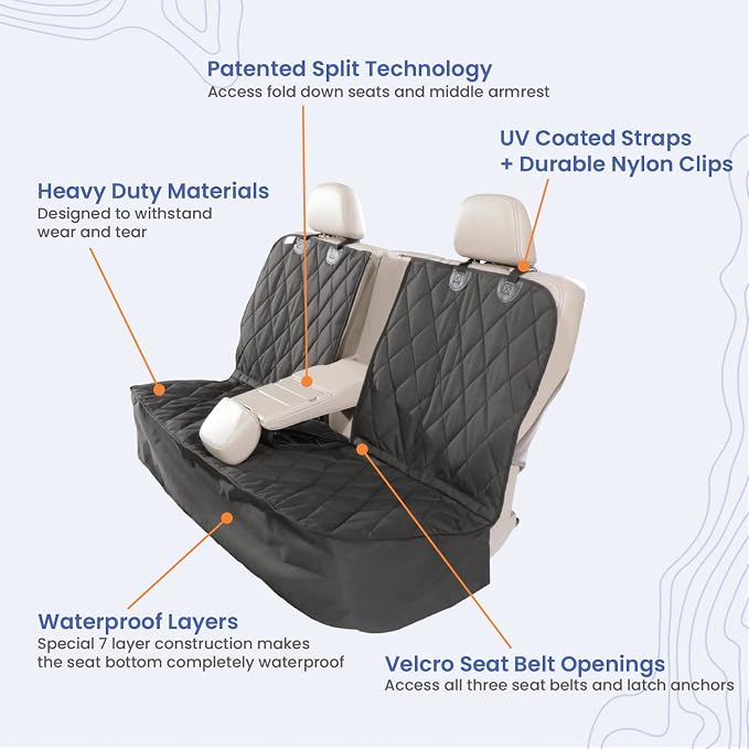 4Knines Dog Seat Cover for Back Seat, Heavy Duty Waterproof Rear Seat Protector for Large Trucks, SUVs, Cars - Fits 60/40 Split Bench with Middle Seat Belt, Non-Slip Backseat Cover (Extra Large, Grey)