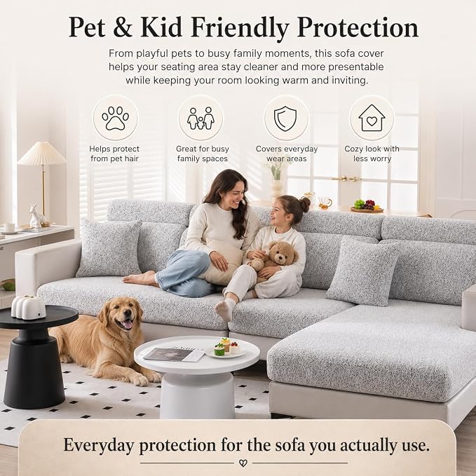 Stretch Sofa Slipcover, 2026 Upgraded Non Slip Couch Cover with Adjustable Straps, Pet Dog Cat Friendly Furniture Protector for 3 Seater, Washable for Living Room