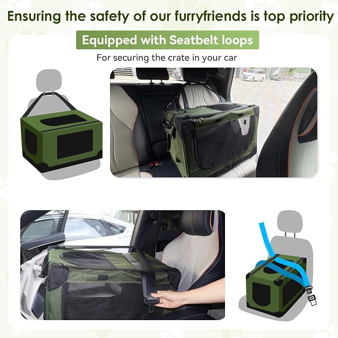 Soft Small Dog Crate - 24 inch Portable Travel Puppy Crate for Small Pets or 2 Cats, Collapsible Pet Carrier with 4 Mesh Doors, Car Kennel for Dogs with Handle for Indoor and Outdoor, Green
