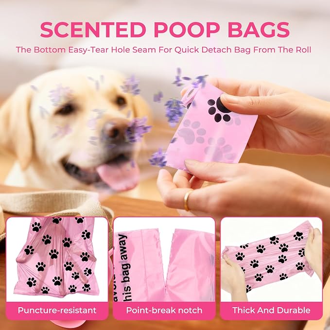 Dyforce 600 Count Dog Poop Bags Rolls with Dispenser Pink | Scented Leak Proof Pet Waste Poop Bags for Dogs 13x9", Extra Thick and Large Doggy Cat Litter Bags for Poops with Holder