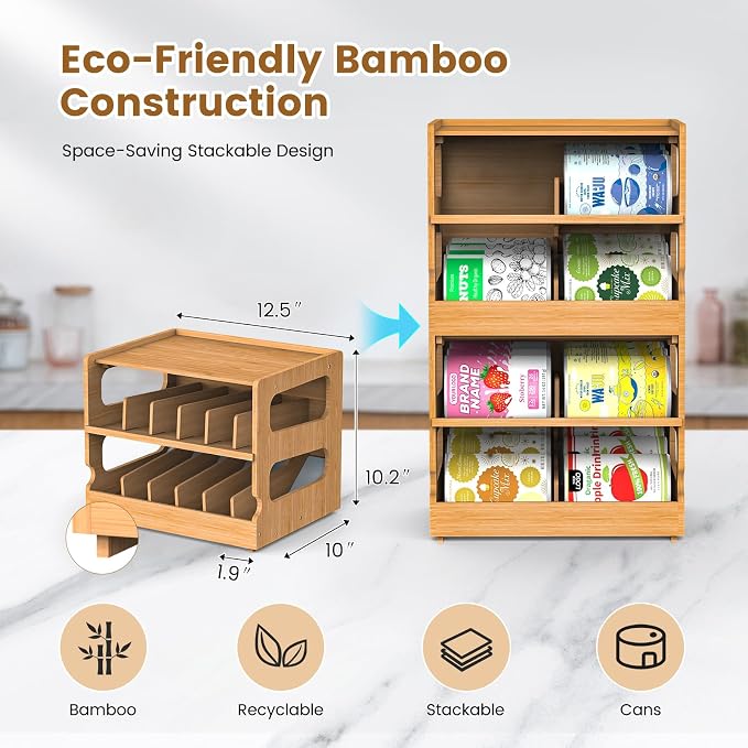 Stackable Bamboo Cat Food Can Organizer, Cat Canned Food Organizer Storage | 2-Tier Adjustable Stacking Can Dispensers, First-In & First-Out System, Holds Up to 36 Cans - for Pantry, Cabinet, Countertop