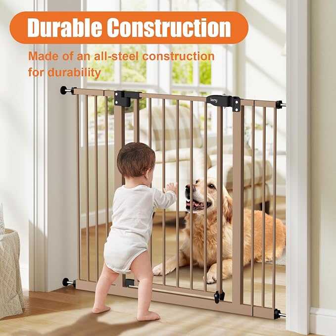 keny 29"-42.5" Baby Gate for Stairs, Auto Close Safety Dog Gate | Pressure Mounted Easy Walk Through Pet Gate for Doorways, Durable Stair Gate, 30" Tall, Brown