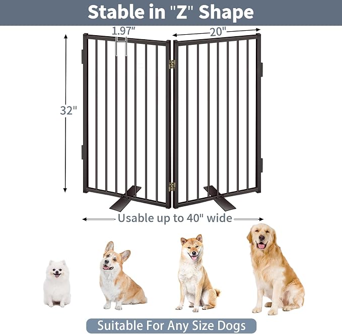 Metal Freestanding Dog Gates with Door for Outdoor Indoor,Extra Wide Tall Free Standing Dog Gate for Doorways,Large Openings,Deck,Yard,Porch,Foldable Safety Pet Fence (Black, 【2 Panels】 32''H*40''W)