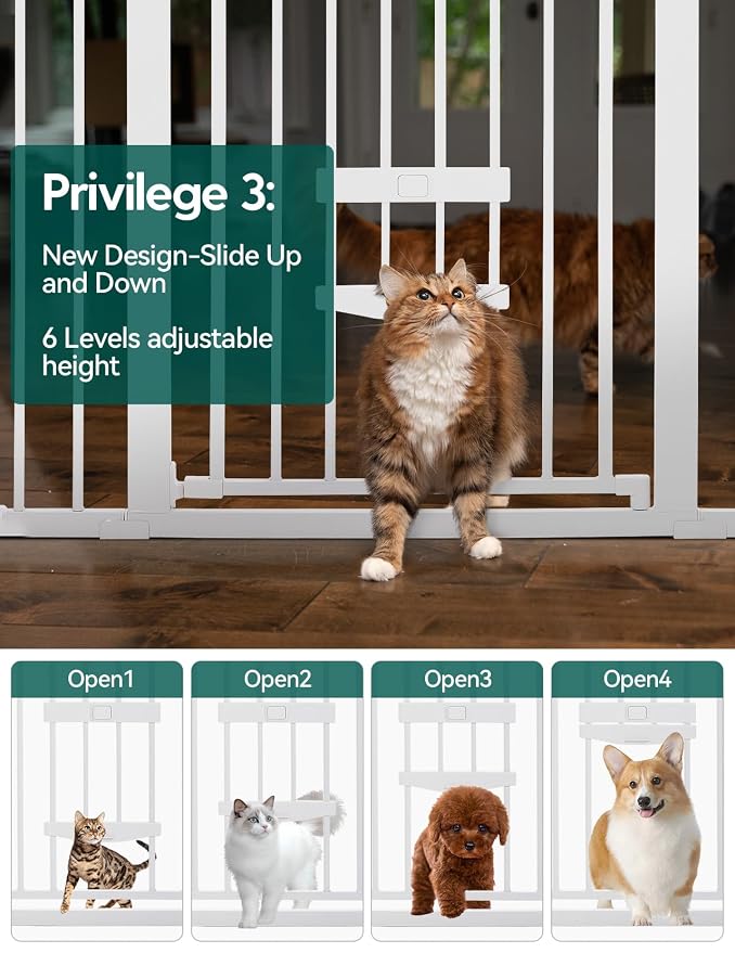 Babelio 29-48" Extra Wide Baby Gate with Cat Door, Auto Close Metal Pet Door for Stairs, Doorways, House, Pressure/Hardware Mounted, Easy Walk Thru, White | Auto-Close Metal Pet Door for Stairs, Doorways & House, Pressure/Hardware Mounted, Easy Walk Th...