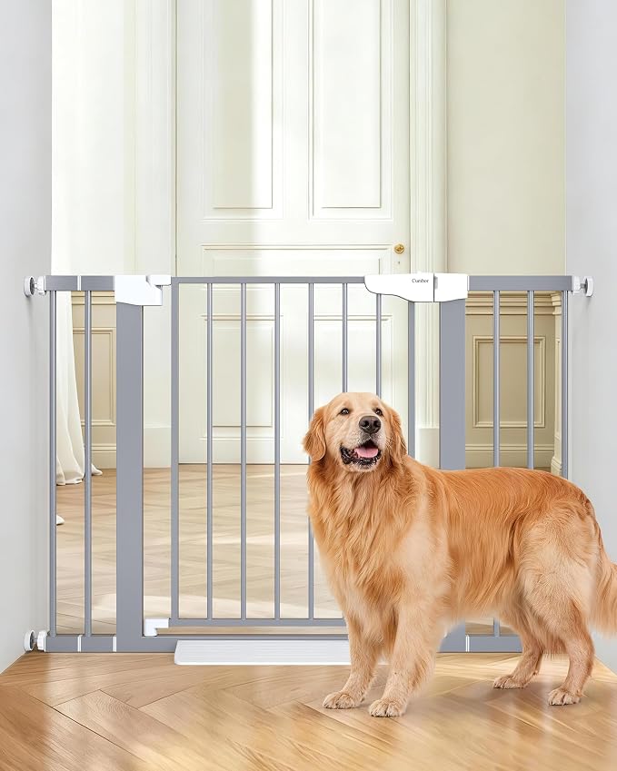 Cumbor 30-46" Baby Gate for Stairs, Auto Close Dog Gate Indoor Gray | Easy Install Pressure Mounted Pet Gates for Doorways & Hallways, Dual Lock Easy Walk Thru Safety Gate Indoor for Kids and Pet