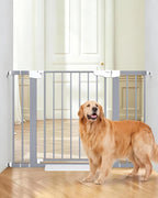 Cumbor 30-46" Baby Gate for Stairs, Auto Close Dog Gate Indoor Gray | Easy Install Pressure Mounted Pet Gates for Doorways & Hallways, Dual Lock Easy Walk Thru Safety Gate Indoor for Kids and Pet