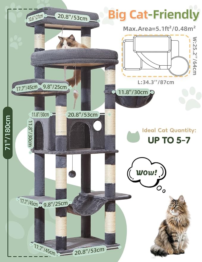 Taoqimiao Heavy-Duty Cat Tree, 71 in Cat Tower for Large Cats 20lbs+ | 3 Giant Multi-Tier Perches, Widened Cat Condo with 9 Scratching Posts, Plush Hammock & Basket, Toys, Smoky Gray, MS034G