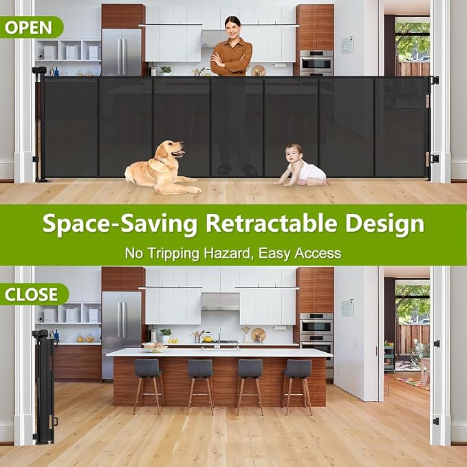 Reinforced 42" Tall Pet Gate 195" Extra Long Baby Gate Indoor/Outdoor/Black | Tall Retractable Dog Gate for Gagage/Deck/Patio, Space-Saving, Easy to Use, Safety Lock, Scratch-Resistant Mesh, Easy Install