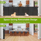 Reinforced 42" Tall Pet Gate 195" Extra Long Baby Gate Indoor/Outdoor/Black | Tall Retractable Dog Gate for Gagage/Deck/Patio, Space-Saving, Easy to Use, Safety Lock, Scratch-Resistant Mesh, Easy Install