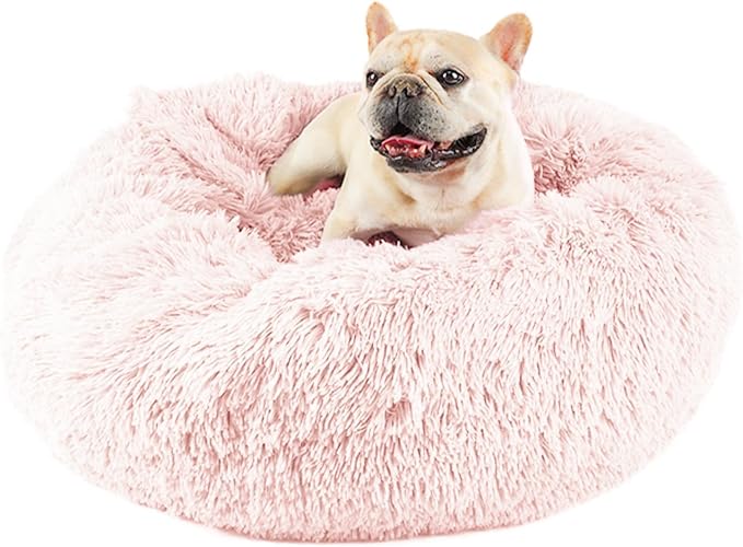 Himax 26in Covered Medium Dog Bed with Blanket Attached Calming Burrow Pink | Anti-Anxiety Donut dog bed with cover, Washable Round Fluffy Pet& Cat Beds