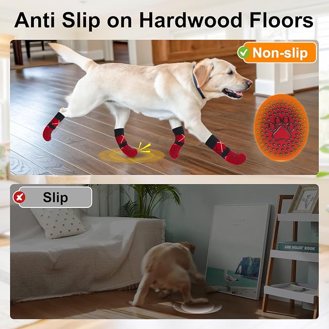 BEAUTYZOO 6PCS Dog Socks to Prevent Licking Paws, Anti Slip Dog Shoes for Hot Pavement Hardwood Floors, Traction Control Toe Grips Boots & Paw Protectors for Small Medium Large Senior Dogs, Red XL