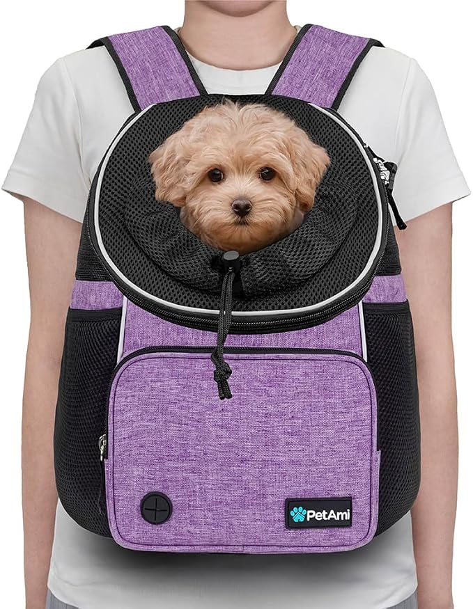 PetAmi Adjustable Cat & Dog Chest Carrier Backpack, Ventilated for Hiking & Camping, Max 15 lbs, Purple