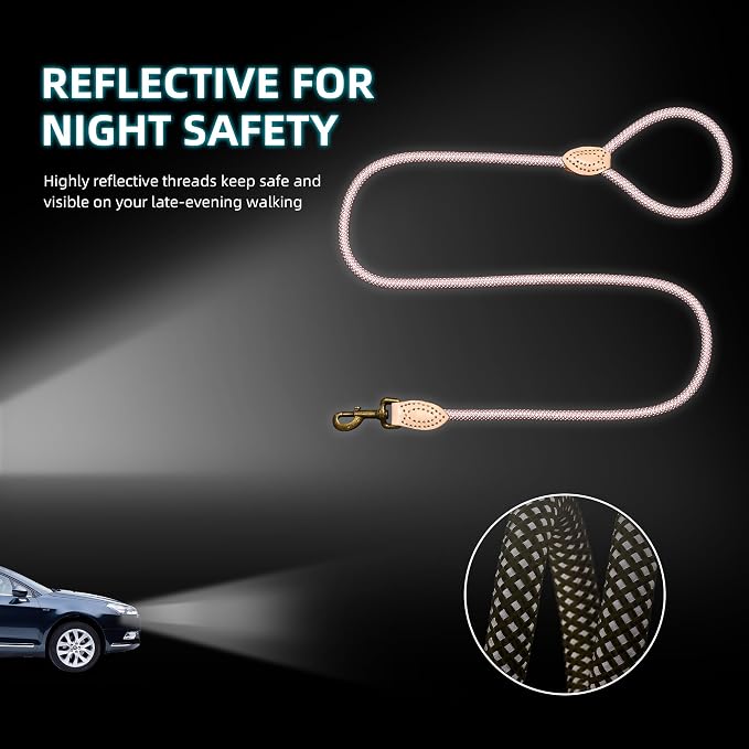 Mile High Life Dog Leash with Genuine Leather Connection, Reflective | Rope Leash, Heavy Duty 360° Swivel Metal Clasp, for Small Medium & Large Dogs Walking (Pink, 60 Inch-1/2)