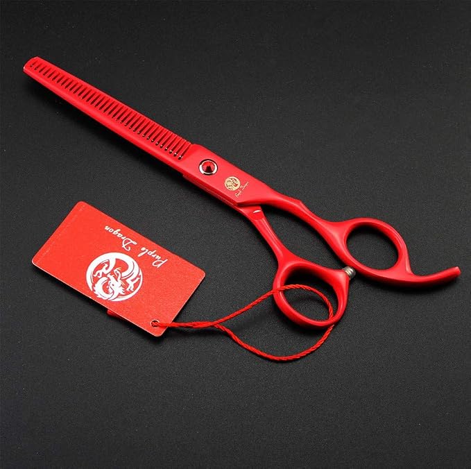 Purple Dragon 7.0 inch Dog Grooming Scissors Set with Silencer - Red | 4PCS Pet Grooming Shears Kit, Includes Curved, Straight & Thinning Scissors with Smooth Cutting and Comfortable Grip