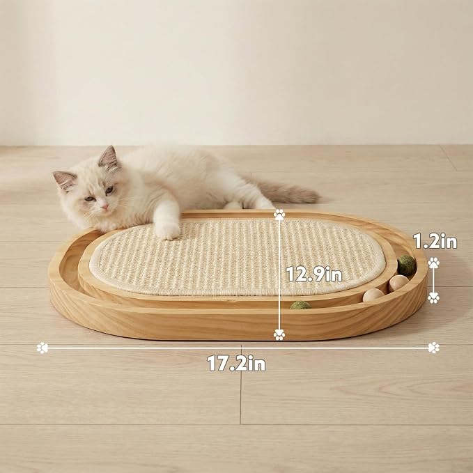 Sisal Cat Scratcher Toy with Ball Track, Natural Scratching Pad | Wooden Cat Toy with Non-Slip Base, For Indoor Cats, Suitable for Kittens and Medium Cats, No Assembly Required