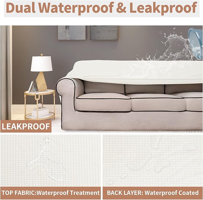Easy-Going 100% Waterproof Couch Cover, 3 Cushion Oversized Sofa Cover | Leakproof Sofa Slipcover, Stretch Jacquard Furniture Protector Against Stain Spill from Kids, Pets, Dog, Cream