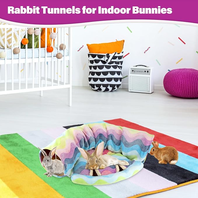 BWOGUE Bunny Tunnel Bed, 2-in-1 Collapsible Rabbit Tunnel Hideout with Mat | Removable Mat for Washing, Ball Toy for Play, Tunnel Tubes for Hiding, Soft Suede Fabric, Cats Rabbits Guinea Pigs